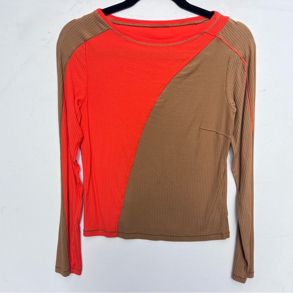 Lululemon Asymmetrical Ribbed Cotton Long-Sleeve Shirt 4 6 Beige Solar Orange S - Picture 6 of 8